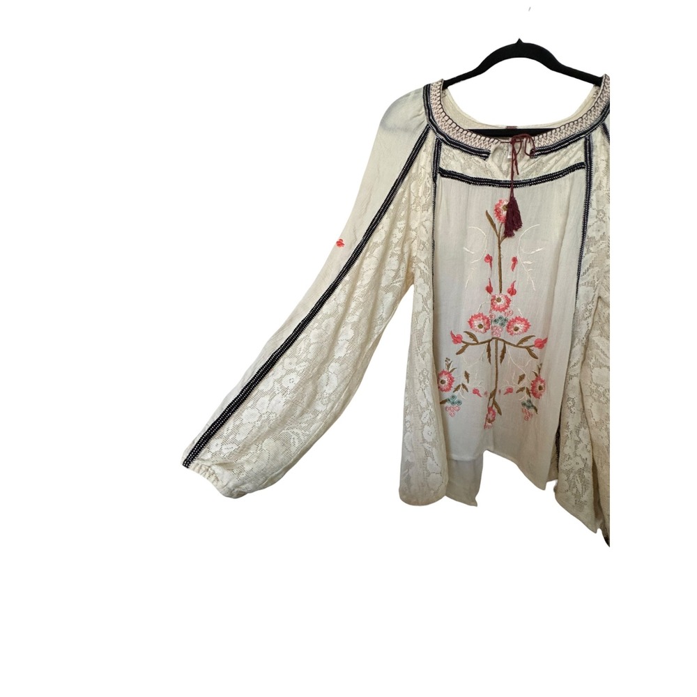Free People Embroidered Lace Tiger Lily Peasant Blouse Ivory Floral Top M Boho - Picture 5 of 14